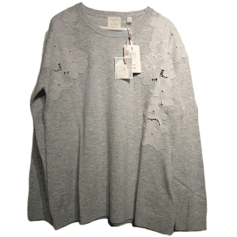 Ted Baker Sweater Womens US Sz 10 Lace Detail Floral Applique Wool/Cashmere NWT